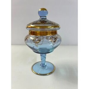 Vtg Blue Czech Bohemian Glass Gold Handpainted Floral Trim Apothecary Candy Dish